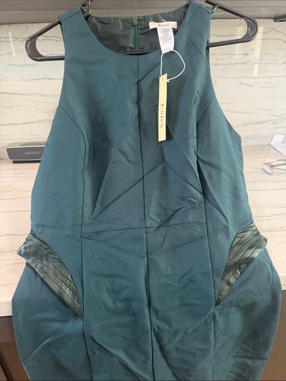 Esley Deep Teal Sleeveless Sheath Dress with Textured Side Panels